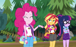Size: 1200x739 | Tagged: safe, artist:thedarkpony, edit, edited screencap, imported from derpibooru, screencap, pinkie pie, sci-twi, sunset shimmer, twilight sparkle, equestria girls, legend of everfree, camp everfree outfits, clothes, denim shorts, fart, fart edit, fart noise, female, onomatopoeia, shorts, sound effects