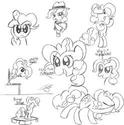 Size: 971x982 | Tagged: safe, artist:scootaloormayfly, imported from derpibooru, pinkie pie, earth pony, human, pony, cookie, dancing, food, monitor, monochrome, rapper pie, simple background, sketch, sketch dump, text, trampoline