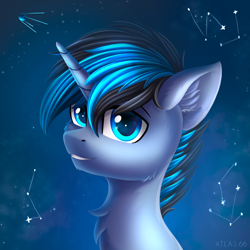 Size: 2000x2000 | Tagged: safe, artist:atlas-66, imported from derpibooru, oc, oc only, oc:solar gizmo, pony, unicorn, chest fluff, constellation, ear fluff, male, satellite, solo, sputnik, stallion, stars