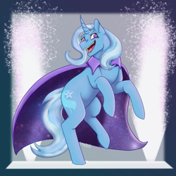 Size: 640x640 | Tagged: safe, artist:strawberrytiramisuu, imported from derpibooru, trixie, pony, unicorn, curved horn, horn, looking at you, open mouth, rearing, smiling, solo