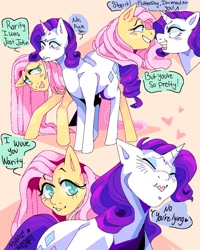 Size: 1080x1350 | Tagged: safe, artist:maplewozapi, imported from derpibooru, fluttershy, rarity, pegasus, pony, unicorn, angry, comic, dialogue, duo, eyes closed, female, flarity, grin, lesbian, shipping, smiling, tsundere, tsunderity, vulgar