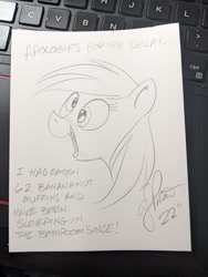 Size: 1536x2048 | Tagged: safe, artist:andypriceart, imported from derpibooru, derpy hooves, pegasus, pony, bust, constipation, cross-eyed, female, happy, implied pooping, keyboard, mare, monochrome, open mouth, pencil drawing, sketch, smiling, text, traditional art