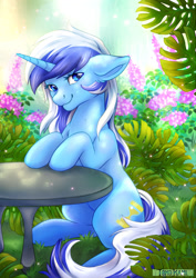 Size: 1280x1811 | Tagged: safe, artist:tokokami, imported from derpibooru, minuette, pony, unicorn, cute, female, floppy ears, flower, garden, looking at you, mare, minubetes, sitting, smiling, solo, table