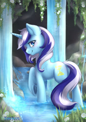 Size: 1280x1811 | Tagged: safe, artist:tokokami, imported from derpibooru, minuette, pony, unicorn, blushing, cave, cute, female, flower, looking at you, mare, minubetes, rock, smiling, smiling at you, solo, waterfall