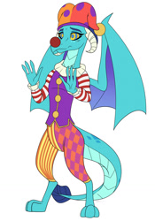 Size: 894x1280 | Tagged: safe, artist:siblgi, imported from derpibooru, princess ember, dragon, clown, clown nose, commission, dragoness, female, hat, hypnosis, hypnotized, jester hat, red nose, simple background, solo, swirly eyes, white background