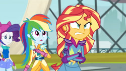 Size: 3410x1920 | Tagged: safe, imported from derpibooru, screencap, rainbow dash, rarity, sunset shimmer, equestria girls, friendship games, angry, crossed arms, female, gritted teeth, helmet, high res, open mouth, shrunken pupils, that pony sure have anger issues, trio