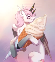 Size: 1901x2160 | Tagged: safe, artist:inarimayer, imported from derpibooru, oc, oc only, alicorn, bicorn, pony, alicorn oc, food, horn, horn ring, ice cream, ice cream cone, multiple horns, ring, wings