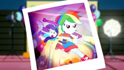 Size: 3410x1920 | Tagged: safe, imported from derpibooru, screencap, rainbow dash, rarity, a photo booth story, eqg summertime shorts, equestria girls, balloon, bare shoulders, belt, boots, bracelet, butterfly wings, clothes, cutie mark on clothes, duo, duo female, fall formal outfits, female, hairpin, high res, jewelry, open mouth, shoes, sleeveless, strapless, wings