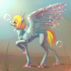 Size: 2160x2160 | Tagged: safe, artist:inarimayer, imported from derpibooru, oc, oc only, pegasus, pony, bubble, crepuscular rays, ear fluff, feather, female, looking up, mare, ocean, orange eyes, pegasus oc, raised hoof, seaweed, signature, solo, spread wings, sunlight, underwater, water, wings