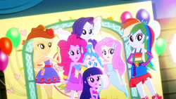 Size: 3410x1920 | Tagged: safe, imported from derpibooru, screencap, applejack, fluttershy, pinkie pie, rainbow dash, rarity, twilight sparkle, a photo booth story, eqg summertime shorts, equestria girls, balloon, bare shoulders, belt, boots, butterfly wings, clothes, cowboy hat, cutie mark on clothes, fall formal outfits, female, hairpin, hat, high res, humane five, humane six, open mouth, shoes, sleeveless, strapless, twilight ball dress, wings