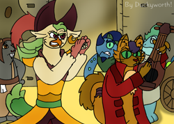 Size: 1715x1218 | Tagged: safe, artist:duckyworth, imported from derpibooru, capper dapperpaws, captain celaeno, pushkin, abyssinian, avian, chest fluff, dice, guitar, klugetown, klugetowner, musical instrument, the road to el dorado