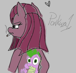 Size: 294x282 | Tagged: safe, artist:legendoflink, imported from derpibooru, pinkie pie, spike, earth pony, pony, aggie.io, angry, cigarette, pinkamena diane pie, simple background, smoking, tattoo, text, turned away, yakuza