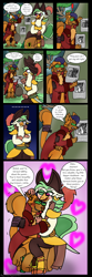 Size: 1412x4244 | Tagged: safe, artist:duckyworth, imported from derpibooru, capper dapperpaws, captain celaeno, abyssinian, avian, beauty mark, blushing, caplaeno, chest fluff, comic, ear piercing, earring, female, jewelry, male, piercing, shipping, straight, sword, tangled (disney), treasure chest, wanted poster, weapon