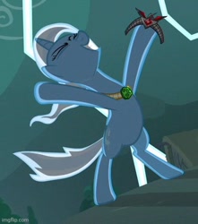 Size: 428x484 | Tagged: safe, edit, edited screencap, imported from derpibooru, screencap, trixie, pony, unicorn, magic duel, alicorn amulet, amulet, bipedal, cropped, imgflip, jewelry, lightning, solo