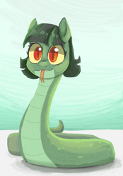 Size: 2460x3540 | Tagged: safe, artist:smirk, imported from derpibooru, oc, oc only, oc:tija, monster pony, original species, snake, snake pony, best snake, colored pupils, fangs, red eyes, simple background, slit pupils, solo, tongue out