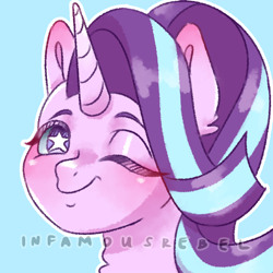 Size: 2900x2900 | Tagged: safe, artist:infamousrebel, imported from derpibooru, starlight glimmer, pony, unicorn, blue background, blushing, bust, cute, doodle, ear fluff, eyebrows, female, glimmerbetes, mare, neck fluff, outline, portrait, simple background, smiling, solo, starry eyes, white outline, white pupils, wingding eyes