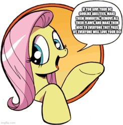 Size: 500x511 | Tagged: safe, imported from derpibooru, fluttershy, pegasus, pony, bad advice fluttershy, exploitable meme, female, glimenade is a mess, mare, mary sue, meme, solo