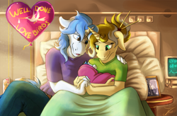 Size: 1313x863 | Tagged: safe, artist:jamescorck, imported from derpibooru, oc, oc:golden goal, oc:winter solstice, anthro, unicorn, baby, baby pony, balloon, bed, clothes, commission, digital art, duo, father and child, father and daughter, female, floppy ears, horn, hospital bed, husband and wife, male, mother and child, mother and daughter, oc x oc, offspring, open mouth, parent:oc:golden goal, parent:oc:winter solstice, parents:oc x oc, parents:wintergoal, pillow, shipping, straight, wintergoal