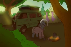 Size: 1800x1200 | Tagged: safe, artist:pony quarantine, imported from derpibooru, trixie, pony, unicorn, bedford rascal, bush, camper, camper van, campfire, camping, cape, clothes, clothes line, coffee, coffee mug, coffee pot, female, forest, kettle, laundry, mare, mug, nightgown, outdoors, scenery, sleepy, solo, tree, trixie's cape, van, yawn
