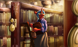 Size: 1750x1056 | Tagged: safe, artist:jamescorck, imported from derpibooru, oc, oc only, anthro, unicorn, book, bookshelf, breasts, clothes, commission, digital art, female, glasses, horn, ladder, librarian, library, open mouth, shirt, skirt, solo