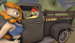 Size: 1207x695 | Tagged: safe, artist:robertwtf, imported from derpibooru, bright mac, pear butter, anthro, earth pony, 3d, breasts, brightbutter, busty pear butter, female, hand on hip, looking at each other, looking at someone, male, nexgen, shipping, sideboob, source filmmaker, straight, vehicle