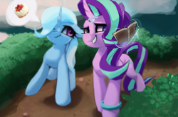 Size: 3187x2087 | Tagged: safe, artist:rainsketch, imported from derpibooru, starlight glimmer, trixie, pony, unicorn, book, cake, curved horn, duo, food, horn, pictogram