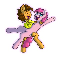 Size: 646x594 | Tagged: safe, artist:beefgummies, imported from derpibooru, cheese sandwich, pinkie pie, earth pony, pony, bridal carry, carrying, cheesepie, chest fluff, clothes, curly mane, duo, eyes closed, female, looking sideways, male, mare, raised hoof, shipping, shirt, simple background, stallion, straight, white background