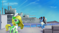Size: 4300x2400 | Tagged: safe, artist:cxynbl, imported from derpibooru, oc, oc only, oc:hbg, oc:horsewhite, pegasus, pony, unicorn, battleship, duo, harbor, hms warspite, looking at you, mountain, navy, sky, smiling, warship, water