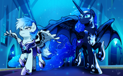 Size: 4000x2480 | Tagged: safe, artist:dormin-dim, imported from derpibooru, nightmare moon, oc, oc:sports news, alicorn, pegasus, pony, armor, castle, commission, duo, female, frown, guardsmare, high res, mare, night, pegasus oc, royal guard, spread wings, wings, ych result