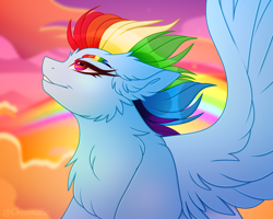 Size: 2500x2000 | Tagged: safe, artist:chromatic-sheen, imported from derpibooru, rainbow dash, pegasus, pony, cheek fluff, chest fluff, cloud, ear fluff, female, high res, looking up, mare, rainbow, rainbow eyebrows, solo