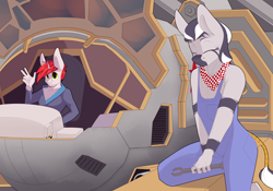 Size: 4000x2800 | Tagged: safe, artist:chapaevv, imported from derpibooru, oc, oc only, oc:halbes, oc:the ted, anthro, robot, unicorn, zebra, clothes, duo, eyes closed, looking at you, mechwarrior, patreon, patreon reward, waving at you