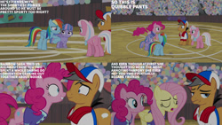 Size: 1280x720 | Tagged: safe, edit, edited screencap, editor:quoterific, imported from derpibooru, screencap, clear sky, fluttershy, pinkie pie, quibble pants, rainbow dash, wind sprint, earth pony, pegasus, pony, unicorn, common ground, season 9, spoiler:s09, boop, eyes closed, female, filly, foal, male, mare, noseboop, open mouth, smiling, stallion, text