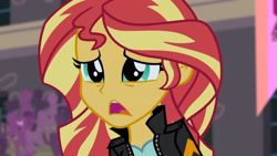 Size: 3410x1920 | Tagged: safe, imported from derpibooru, screencap, sunset shimmer, equestria girls, friendship games, canterlot high, clothes, female, high res, jacket, leather, leather jacket, open mouth, solo