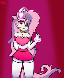 Size: 2094x2538 | Tagged: safe, artist:toxinagraphica, imported from derpibooru, sweetie belle, anthro, unguligrade anthro, unicorn, alternate hairstyle, boots, bra, bracelet, breasts, cheek fluff, chest fluff, clothes, cosplay, costume, crop top bra, crossover, ear fluff, eyelashes, eyeshadow, female, fluffy, fluffy mane, gloves, hand, headphones, heart, heart eyes, horn, jewelry, makeup, mare, microphone, miss heed, necklace, red background, shoes, signature, simple background, skirt, solo, thigh boots, underwear, villainous, wingding eyes