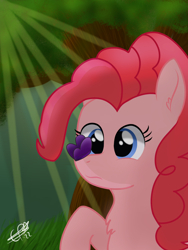 Size: 1200x1600 | Tagged: safe, artist:cobaltskies002, imported from derpibooru, pinkie pie, butterfly, earth pony, butterfly on nose, female, forest, forest background, grass, insect on nose, mare, solo, sunlight, tree