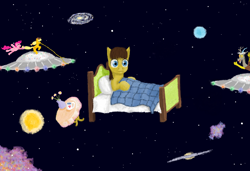 Size: 1002x685 | Tagged: safe, artist:xodok, imported from derpibooru, applejack, discord, pinkie pie, oc, draconequus, earth pony, pony, series:ponyashnost, bed, cup, earth, flower, galaxy, planet, space, stars, table, ufo