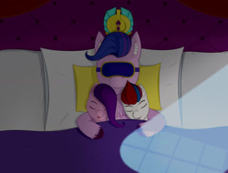 Size: 1280x972 | Tagged: safe, artist:drakang1, imported from derpibooru, pipp petals, queen haven, zipp storm, pegasus, pony, bed, eyepatch, eyes closed, female, g5, lying down, mare, mother and child, mother and daughter, on back, pillow, sleep mask, sleeping, smiling, tongue out, trio, trio female