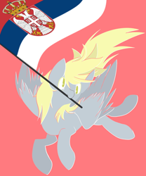 Size: 500x600 | Tagged: safe, artist:clair, edit, imported from derpibooru, derpy hooves, pegasus, pony, female, flag, full body, lineless, logo, mare, mouth hold, pink background, serbia, simple background, solo, spread wings, wings