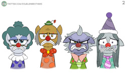 Size: 904x540 | Tagged: safe, artist:doublewbrothers, imported from derpibooru, cloudy quartz, igneous rock pie, limestone pie, marble pie, earth pony, pony, cloudy quartz is not amused, clown, clown makeup, clown nose, do i look angry, female, floppy ears, frown, glasses, hat, limestone pie is not amused, male, mare, party hat, pie family, pie sisters, red nose, sad, siblings, simple background, sisters, stallion, unamused, wavy mouth, white background