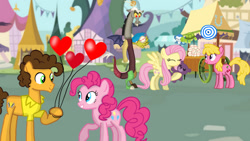 Size: 1280x720 | Tagged: safe, artist:mlplary6, imported from derpibooru, cheese sandwich, cherry berry, discord, fluttershy, pinkie pie, draconequus, earth pony, pegasus, pony, balloon, cheesepie, discoshy, female, friends, heart, heart balloon, male, mare, plushie, shipping, smiling, stallion, straight, target, teddy bear