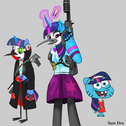 Size: 1414x1414 | Tagged: safe, artist:samueldavillo, imported from derpibooru, twilight sparkle, equestria girls, abomination, akatsuki, crossover, crossover shipping, female, fusion, grenade, gun, looking at you, male, mordecai, mordetwi, naruto, radio, regular show, scouter, shipping, simple background, spongebob squarepants, straight, the amazing world of gumball, trio, wat, we have become one, weapon, zero two (darling in the franxx)