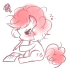 Size: 500x500 | Tagged: safe, imported from derpibooru, pinkie pie, earth pony, pony, ask young pinkamena, book, cute, cuteamena, emanata, female, filly, foal, korean, looking at something, mouth hold, pen, pinkamena diane pie, sitting, younger
