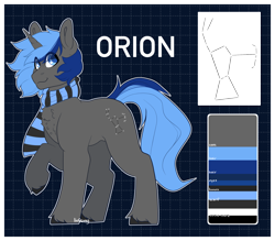 Size: 2538x2225 | Tagged: safe, artist:liefsong, imported from derpibooru, oc, oc:orion, unicorn, clothes, commission, cutie mark, reference sheet, scarf, unshorn fetlocks