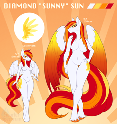 Size: 2528x2684 | Tagged: safe, artist:scarlet-spectrum, imported from derpibooru, oc, oc only, oc:diamond sun, anthro, pegasus, unguligrade anthro, barbie doll anatomy, belly button, big breasts, breasts, colored wings, colored wingtips, commission, cutie mark, featureless breasts, female, hand on hip, looking at you, mare, nudity, reference sheet, simple background, solo, unshorn fetlocks, watermark, wide hips, wings