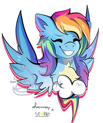 Size: 2800x3354 | Tagged: safe, artist:starki-galactic, imported from derpibooru, rainbow dash, pegasus, pony, bust, chest fluff, cutie mark, eyes closed, female, grin, high res, mare, simple background, smiling, solo, spread wings, watermark, white background, wings