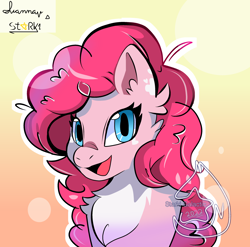 Size: 2800x2771 | Tagged: safe, artist:starki-galactic, imported from derpibooru, pinkie pie, earth pony, pony, bust, chest fluff, female, high res, looking at you, mare, open mouth, open smile, smiling, solo, watermark