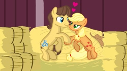 Size: 1280x720 | Tagged: safe, artist:mlplary6, imported from derpibooru, applejack, caramel, earth pony, pony, carajack, female, hay, hay bale, looking at each other, male, mare, shipping, smiling, smiling at each other, snuggling, stallion, straight