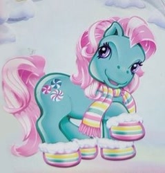 Size: 255x267 | Tagged: safe, imported from derpibooru, minty, earth pony, pony, backcard, booties, clothes, cute, g3, g3betes, green coat, mintabetes, official, outdoors, pink mane, purple eyes, raised hoof, scarf, simple background, snow, socks, solo, striped scarf, striped socks, that pony sure does love socks