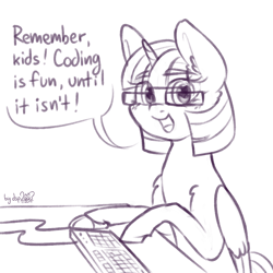 Size: 1024x1024 | Tagged: safe, artist:dsp2003, imported from derpibooru, twilight sparkle, alicorn, pony, alternate hairstyle, comic, computer mouse, dialogue, female, glasses, keyboard, looking at you, mare, monochrome, open mouth, programming, signature, simple background, single panel, sketch, solo, speech bubble, truth, twilight sparkle (alicorn), white background