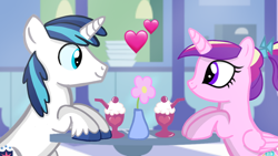 Size: 1280x720 | Tagged: safe, artist:mlplary6, imported from derpibooru, princess cadance, shining armor, alicorn, pony, unicorn, female, flower, heart, looking at each other, male, mare, milkshake, smiling, smiling at each other, stallion, straight, teen princess cadance